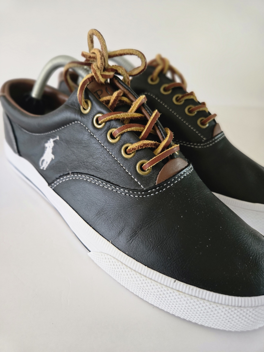 Polo by Ralph Lauren Black Leather Low-Top Sneakers with Brown Accents